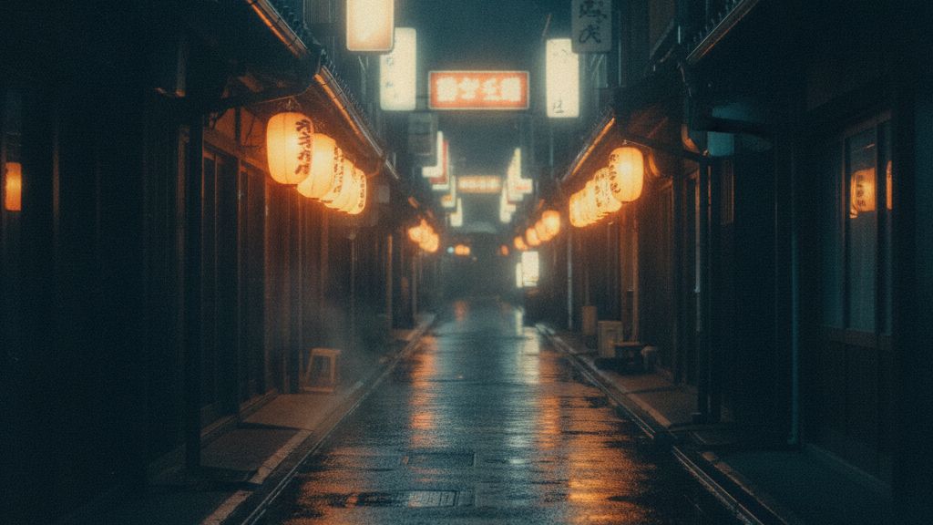 夜の歓楽街の路地。雨上がりの路面に提灯の光が反射している